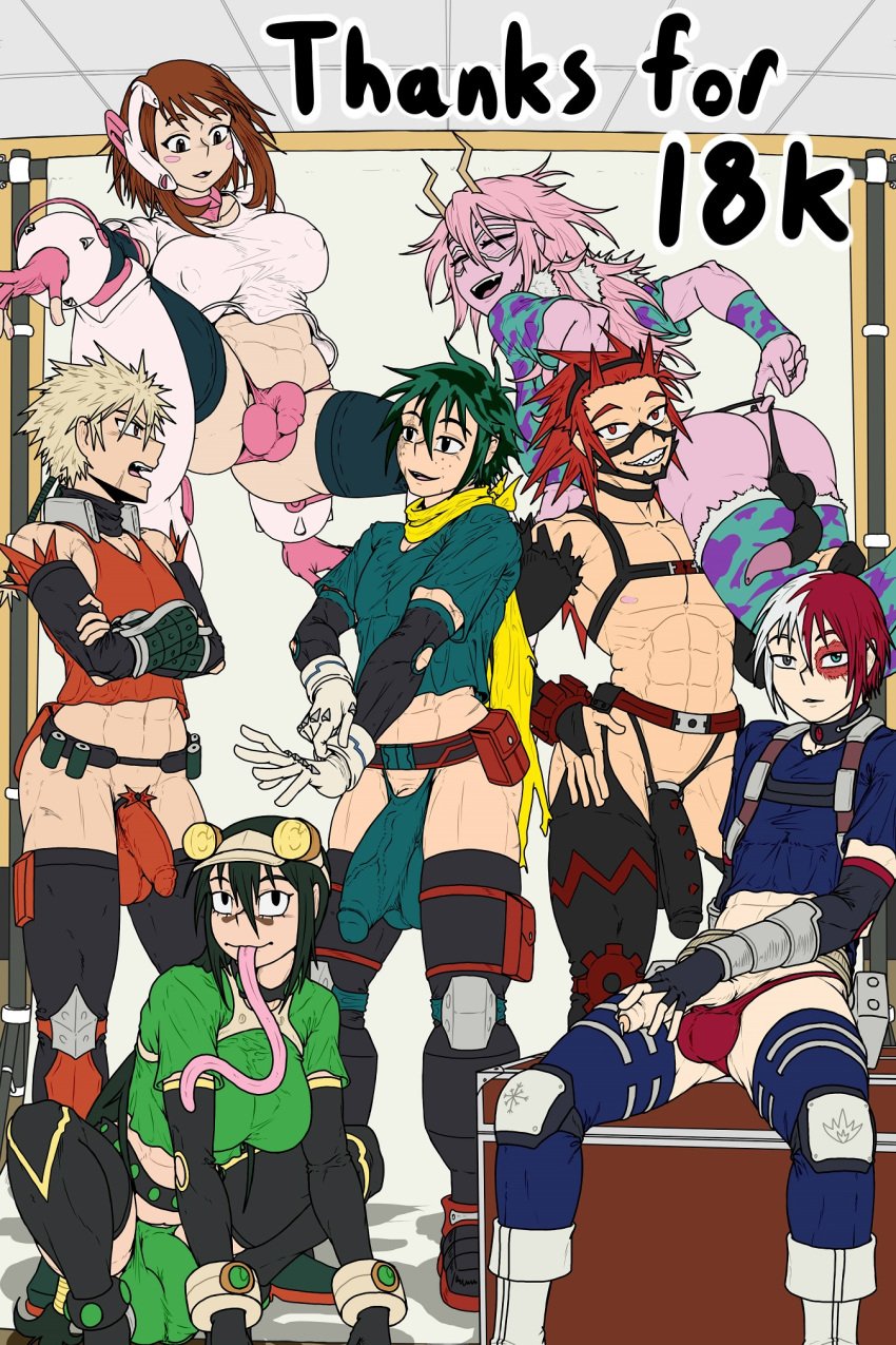 3futas 4boys armwear big_ass big_balls big_penis color eijirou_kirishima foreskin futa_is_bigger futa_is_smaller futanari hero_outfit_(mha) huge_cock ineffective_clothing izuku_midoriya katsuki_bakugou kiahl lobsterkiahl long_tongue mina_ashido muscular my_hero_academia ochako_uraraka penis_size_difference photoshoot shonen_jump shoulder_carry shouto_todoroki thick_thighs thighhighs tsuyu_asui