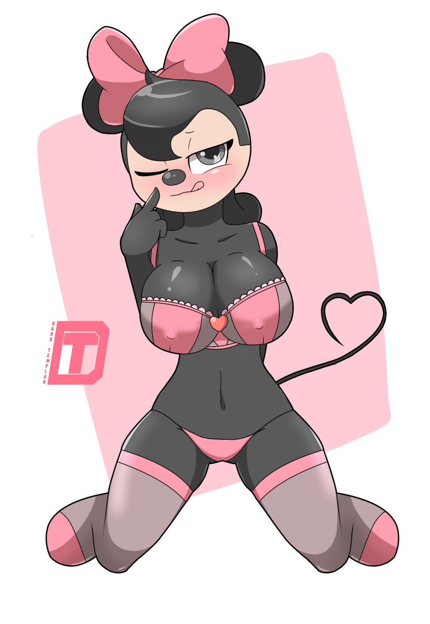 anthro anthro_only breasts cranebear disney furry kneeling lingerie minnie_mouse nipples partially_clothed stockings