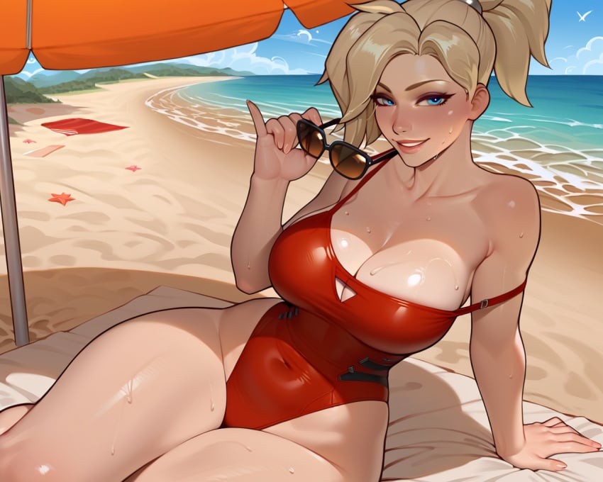 11_22 ai_generated angela_ziegler aviator_sunglasses beach blizzard_entertainment blonde_hair blue_eyes blush breasts cleavage eyewear eyewear_removed female female_focus female_only grin large_breasts large_thighs looking_at_viewer mercy ocean one_piece_swimsuit overwatch ponytail seductive_smile sitting strap_slip sweat sweaty thick_thighs thighs umbrella wide_hips