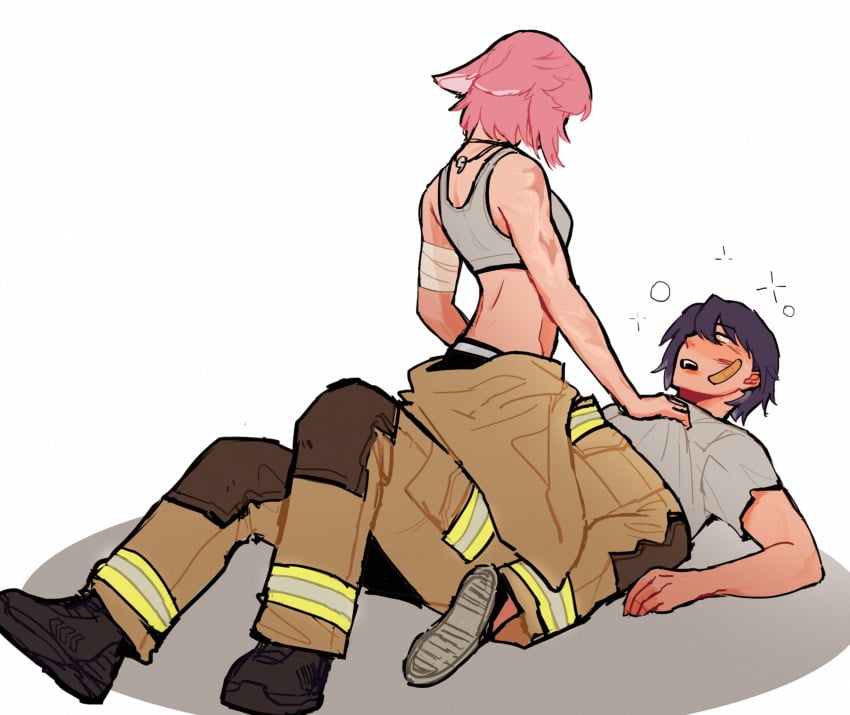 bandage blush blush bra fire_fighter firefighter firefighter_uniform fireman fuyoart genshin_impact hoyoverse jacket_removed kujou_sara muscular muscular_female pants scar scars stripping t-shirt woman_on_top yae_miko