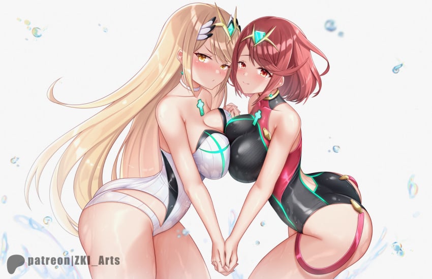 2girls ahoge ass bare_shoulders blonde_hair blush breast_press breasts circlet core_crystal large_breasts leaning leaning_forward long_hair looking_at_viewer multiple_girls mythra one-piece_swimsuit orange_eyes pyra red_eyes red_hair short_hair sideboob smile swimsuit symmetrical_docking very_long_hair xenoblade_(series) xenoblade_chronicles_2 z-ki