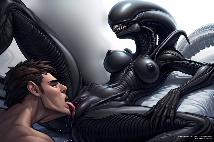 ai_generated alien alien_(franchise) alien_girl breasts cunnilingus female_xenomorph looking_at_partner lying pussy_juice spread_legs xenomorph