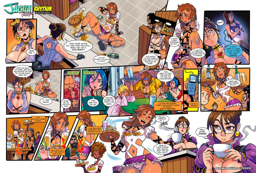 5girls 6+boys afro anonymous_female beer_bottle beer_can beer_mug big_breasts black_hair blonde_hair blue_eyes blue_hair blue_hair_on_black_hair braided_hair braided_ponytail breasts brown_hair cafe cassandra_garcia cindy_(darkereve) clothed clothed_female coffee coffee_mug comic comic_page dancing dark-skinned_female dark-skinned_male dark_skin darkereve fit_female giant_breasts glasses green_hair half-naked half_naked jagua_tales joana_dolores light-skinned_female light_skin maya_diva miniskirt mole_on_breast mole_under_eye mp3_player normal_breasts panties pink_hoodie pink_panties pregnant pregnant_female purple_eyes revealing_clothes revealing_outfit tan-skinned_female tan_body tan_skin tania_serrata tripped waitress waitress_outfit waitress_uniform