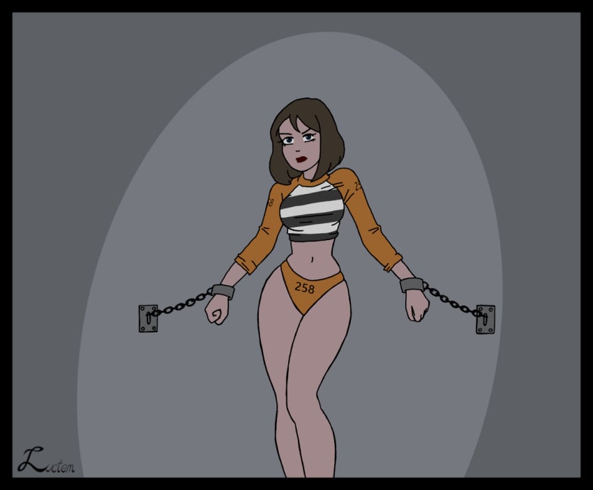 bare_midriff bondage bound brown_hair chained chained_to_wall chains female female_only femsub fully_clothed luctem midriff midriff_baring_shirt number png prison_cell prison_uniform prisoner revealing_clothes small_waist standing stationary_restraints steel_bondage