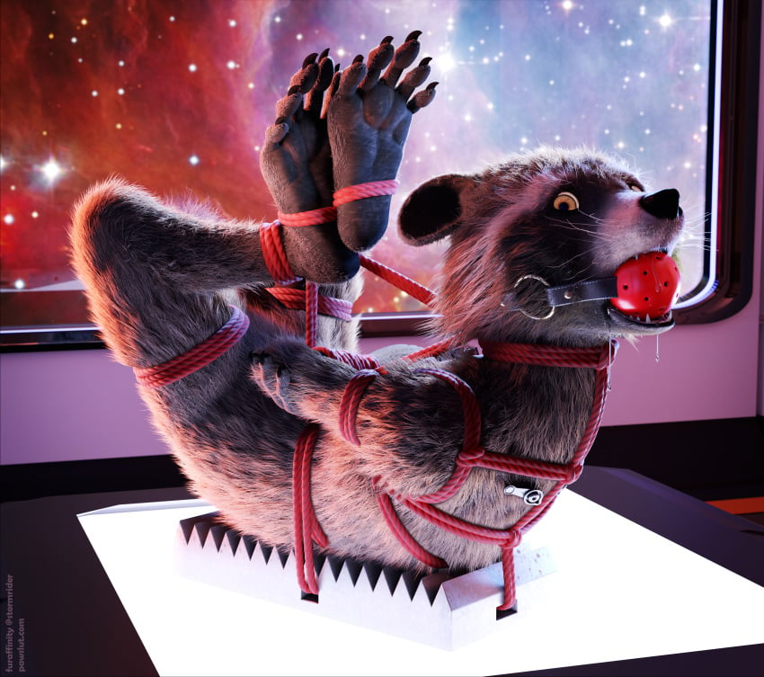 3d_(artwork) 5_toes absurd_res ball_gag blender_(artwork) bondage bound claws digital_media_(artwork) feet gag guardians_of_the_galaxy hi_res hogtied mammal marvel marvel_comics paws predicament procyonid raccoon rocket rocket_raccoon rope stormrider toes