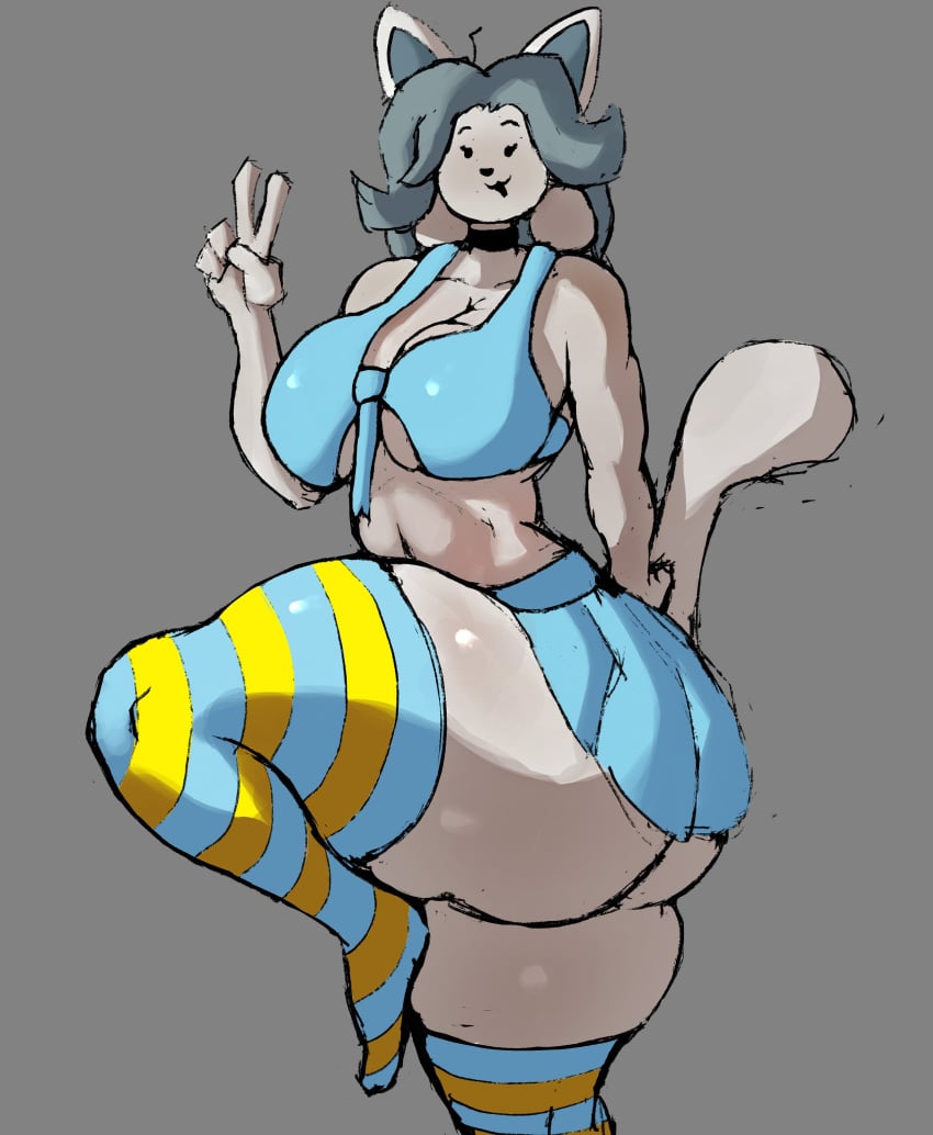 adawndraws anthro big_ass big_breasts big_thighs bikini_top choker feline huge_ass huge_breasts huge_thighs kneesocks leg_up peace_sign skirt smiling solo solo_female stomach temmie temmie_(undertale) toby_fox tummy undertale undertale_(series) voluptuous voluptuous_female