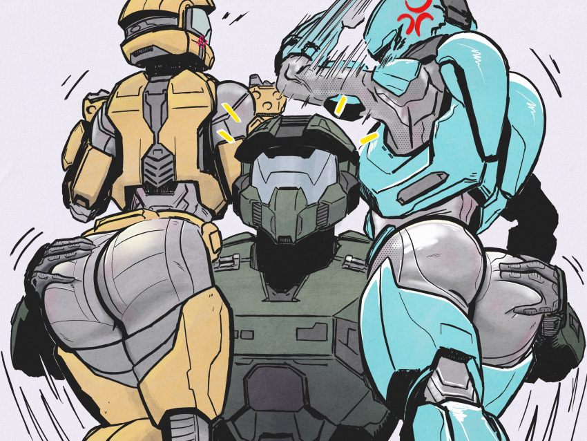 1boy 2girls ass blush butt_grab carrying carrying_over_shoulder halo_(series) spartan_ii_(halo) spartan_iii_(halo) spartan_iv_(halo)