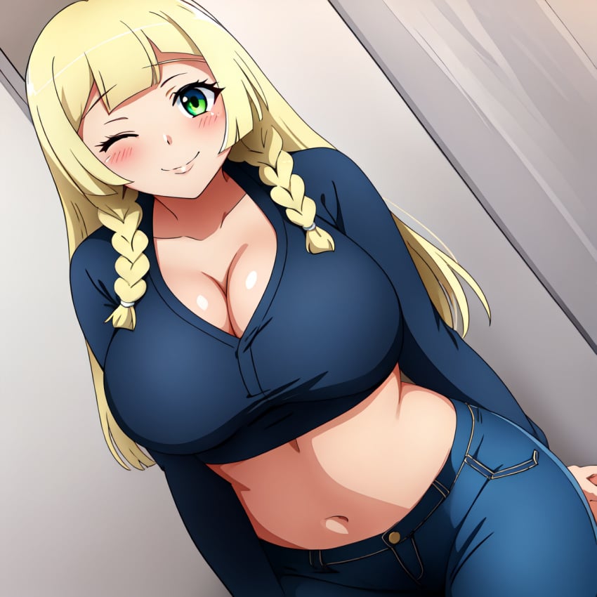 ai_generated big_breasts blonde_hair blue_jeans blush busty cleavage creatures_(company) crop_top curvy denim_jeans facing_viewer female female_only game_freak green_eyes hi_res highres jeans lillie_(pokemon) long_sleeves midriff navel nintendo pokemon pokemon_(game) pokemon_sm pokemon_trainer seraphim_ai smile smiling solo stable_diffusion tight_jeans twintails wink