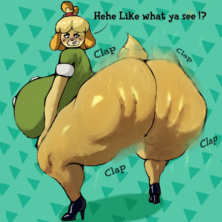 adawndraws animal_crossing anthro ass ass_focus big_ass big_breasts big_thighs butt canine clapping_ass clapping_cheeks domestic_dog green_background heels huge_ass huge_thighs isabelle_(animal_crossing) mammal nintendo sweating text twerking