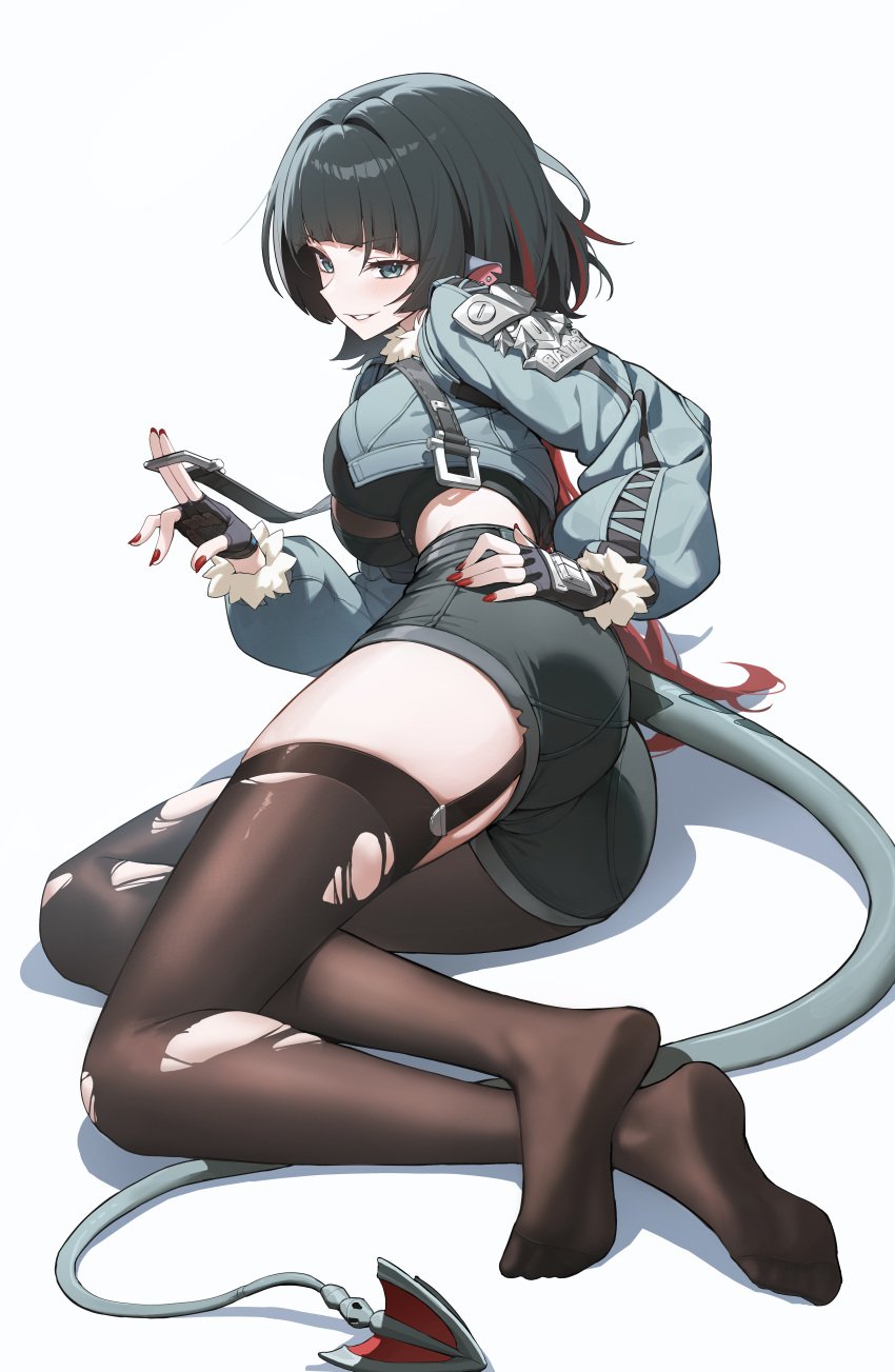 black_hair clothing ear_piercing feet feet_in_stockings female goeleu grey_eyes jane_doe_(zenless_zone_zero) light-skinned_female looking_at_viewer mouse_ears mouse_girl mouse_tail zenless_zone_zero