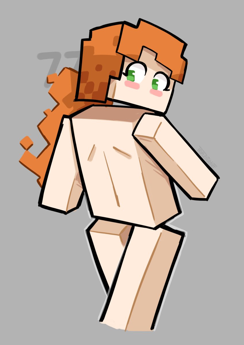 1girls alex_(minecraft) ass bare_back blocky_body blush blush_stickers braid brown_hair chibi clothing completely_nude completely_nude_female cowboy_shot cube_head female female_only from_behind green_eyes long_hair looking_at_viewer looking_back minecraft nintendo nude nude_female orange_hair shirt solo square_body square_head standing super_smash_bros. triplestabber