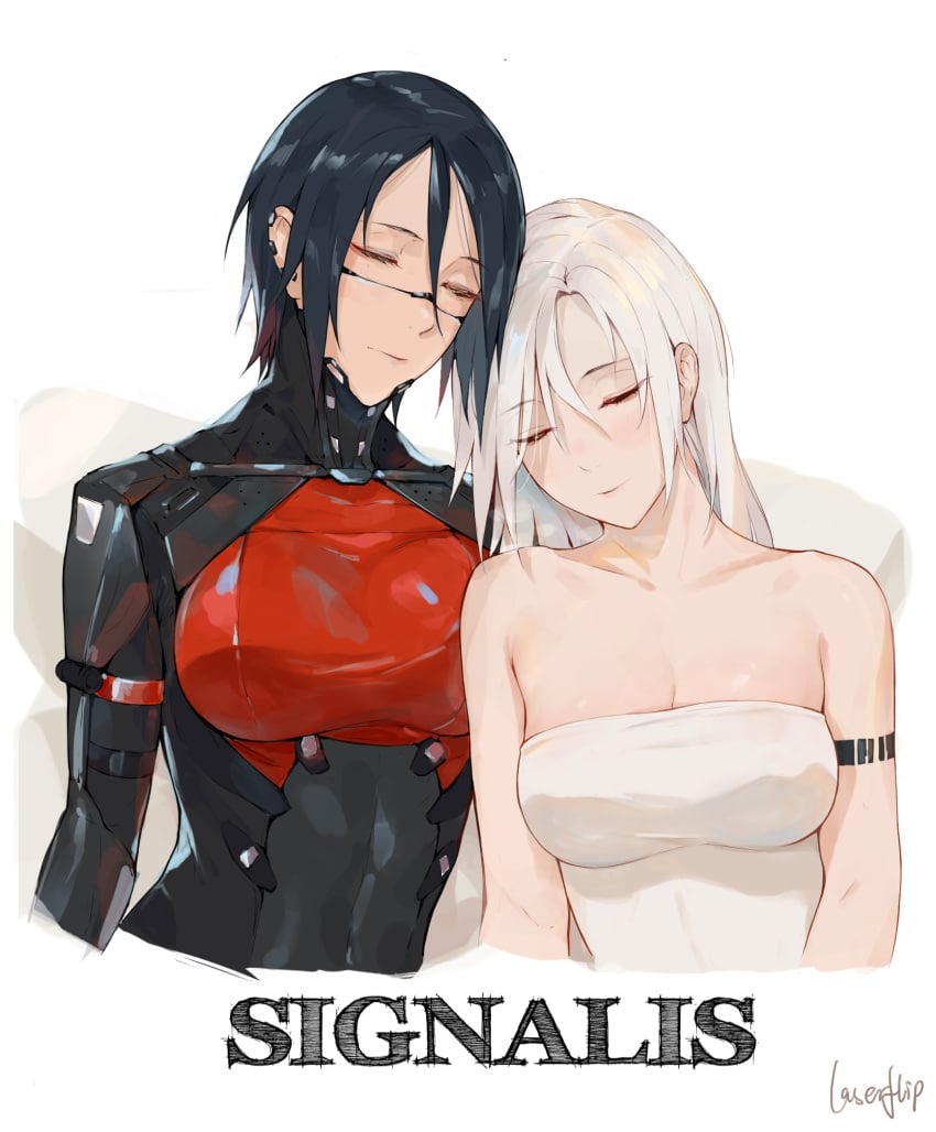 2girls android android_girl ariane_yeong black_hair black_hair_female clothed clothing elster_(signalis) eyes_closed female female_only laserflip leaning light-skinned_female light_skin nipple_bulge rosaline signalis white_background white_hair white_hair_female