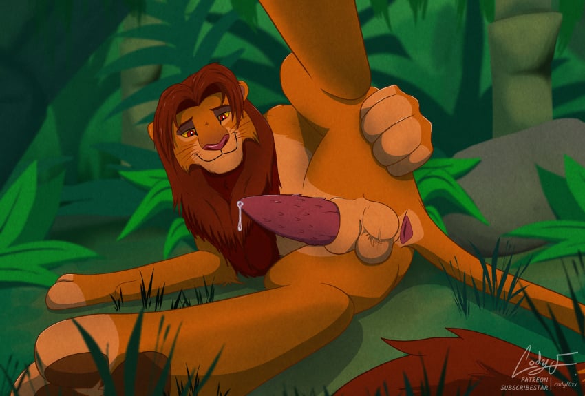 animal_genitalia animal_penis anus bodily_fluids codyf0xx disney erection felid feline_genitalia feline_penis feral forest genital_fluids genitals hi_res jungle lion male mammal pantherine penis plant precum raised_leg simba_(the_lion_king) solo the_lion_king tree