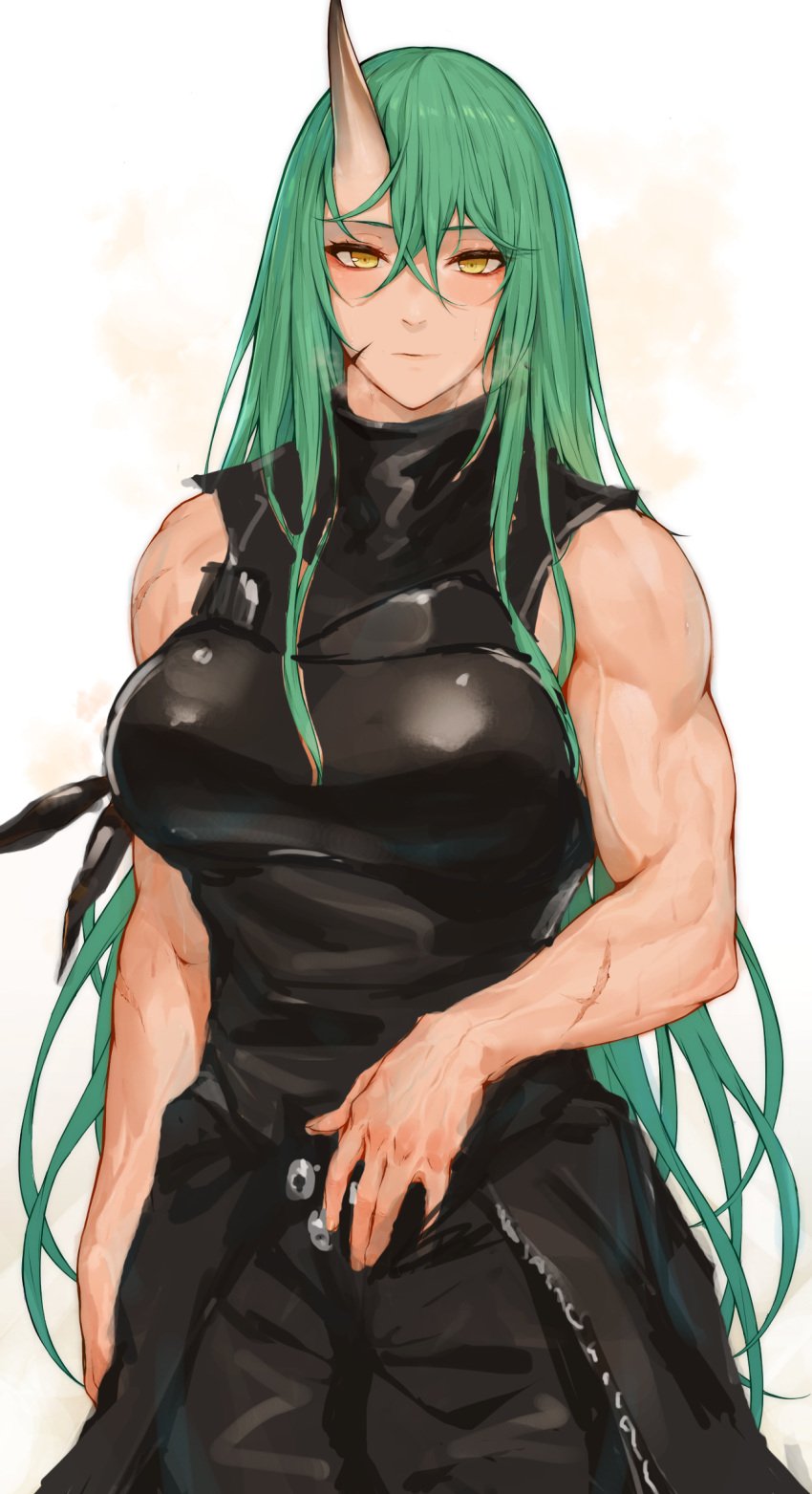 1girls arknights bicep_vein biceps big_breasts clothed female female_only green_hair horn hoshiguma_(arknights) laserflip light-skinned_female light_skin looking_at_viewer muscular_female rosaline scar straight_hair very_long_hair yellow_eyes