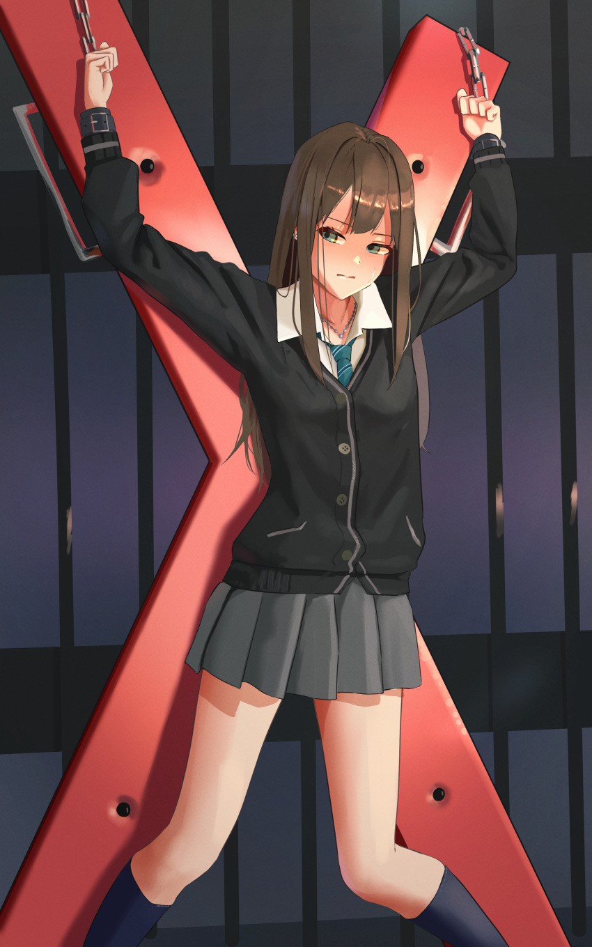 absurdres black_socks bondage brown_hair crucifixion cuffs handcuffs highres idolmaster idolmaster_cinderella_girls jewelry kneehighs necklace necktie pleated_skirt po-i-mu restrained school_uniform shibuya_rin skirt socks x-cross_(bdsm)