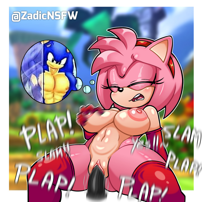 amy_rose anthro big_ass big_breasts blush dildo erect_nipples fast_thrusts female green_eyes large_breasts masturbation no_underwear nude nude_female penetration pink_hair sonic_(series) sonic_the_hedgehog sonic_the_hedgehog_(comics) stockings thick_thighs vaginal_penetration wide_hips zadicnsfw