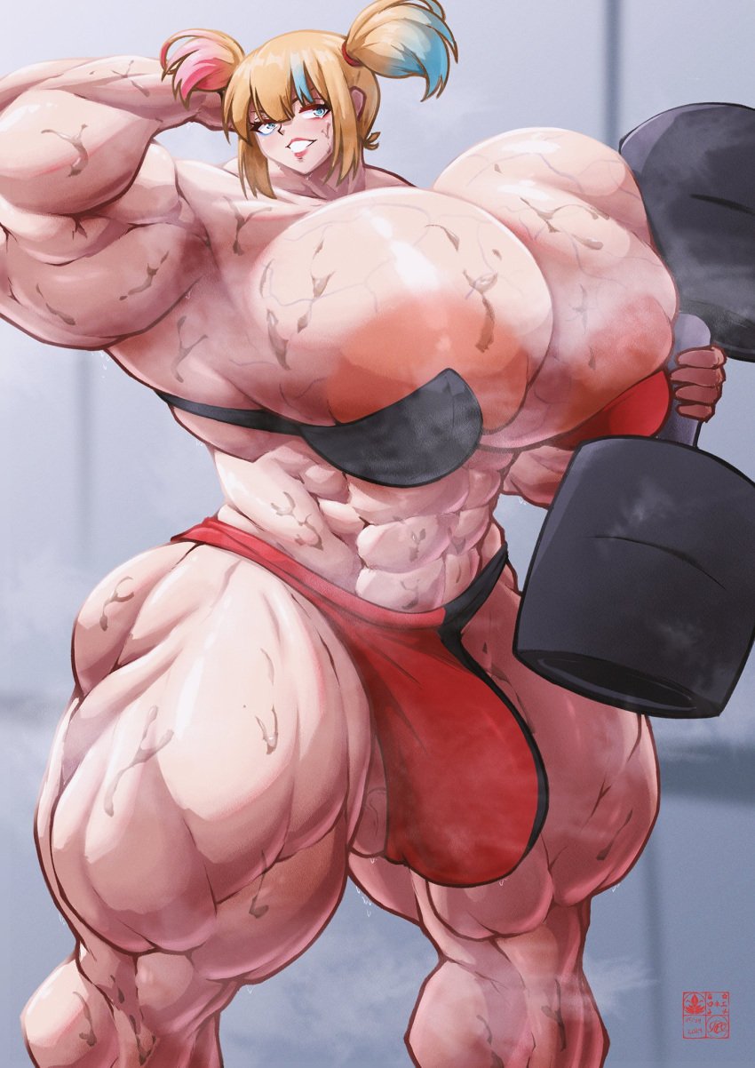 abs alternate_muscle_size bulge futanari harley_quinn hyper_breasts hyper_muscles muscular muscular_futanari roneesan sweat weightlifting