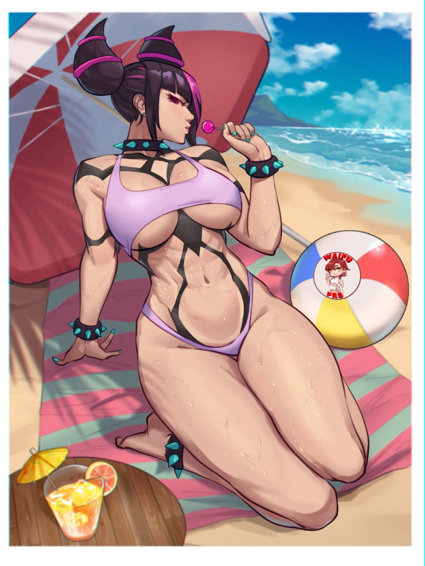 absurdres alternate_costume ball beach beachball black_hair bra breasts candy collar diagonal_bangs ear_piercing female food full_body hair_horns highres juri_han large_breasts legs_together linea_alba lollipop medium_hair multicolored_hair navel ocean parasol piercing purple_bra purple_hair red_eyes sand skullworms solo spiked_collar spiked_wristband spikes street_fighter swimsuit two-tone_hair umbrella underwear wet