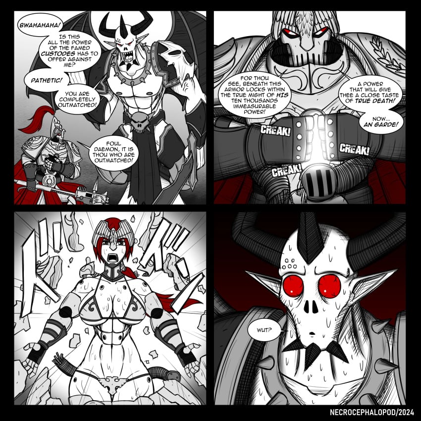 1girls adeptus_custodes chaos_(warhammer) comic dialogue english_text female imperium_of_man necrocephalopod non_canon rule_63 speech_bubble text warhammer_(franchise) warhammer_40k