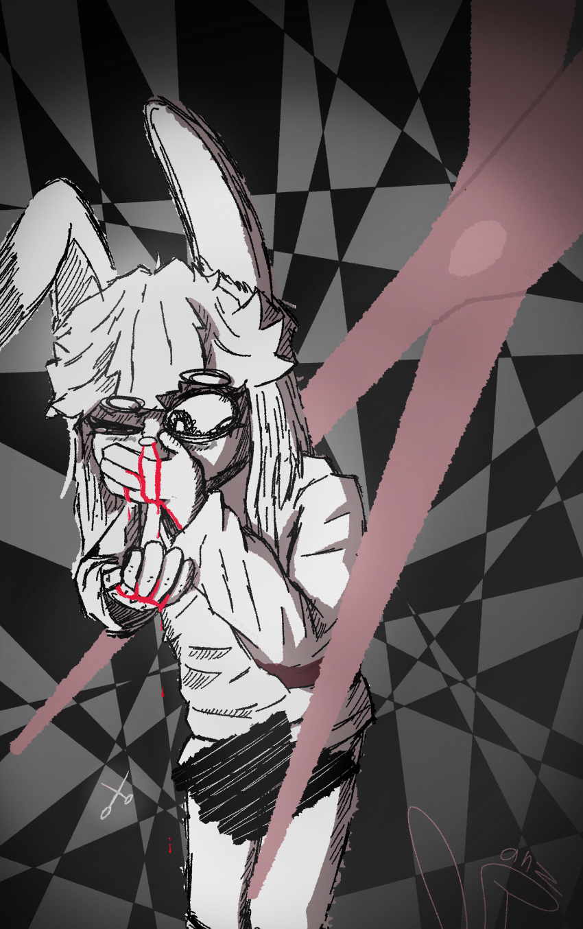 absurd_res ambiguous_gender anthro blood blood_from_mouth blood_in_mouth bodily_fluids censor_bar censored censored_genitalia clothed clothing covering covering_mouth hi_res humanoid lagomorph leporid mammal manyanz nosebleed one_eye_closed pantsless rabbit scissors sweater tears topwear