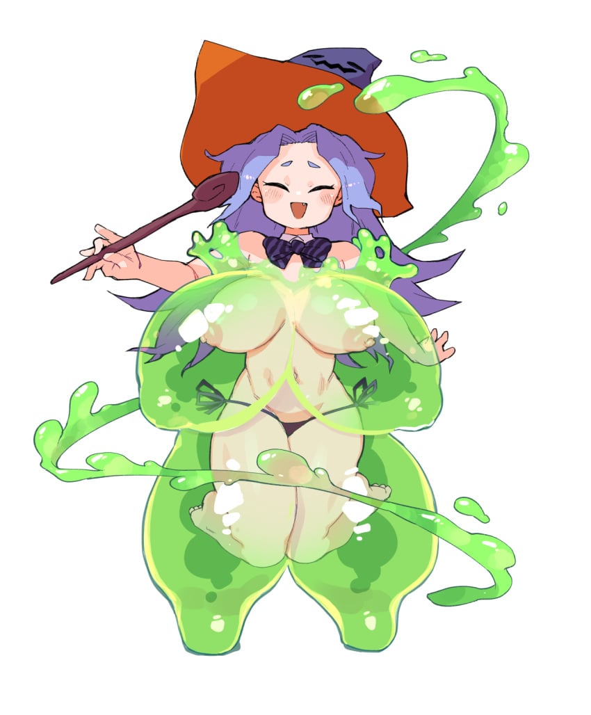 1girls bowtie drone_(ishuzoku_reviewers) female female_only huge_breasts ishuzoku_reviewers masha nipples panties purple_hair slime solo tagme topless topless_female wand white_background witch witch_hat