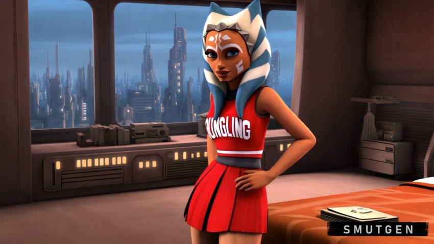 ahsoka_tano ai_generated alien_girl cheerleader cheerleader_outfit cheerleader_uniform clone_wars clone_whores full_lips jedi_padawan orange_skin skirt smutgen star_wars togruta