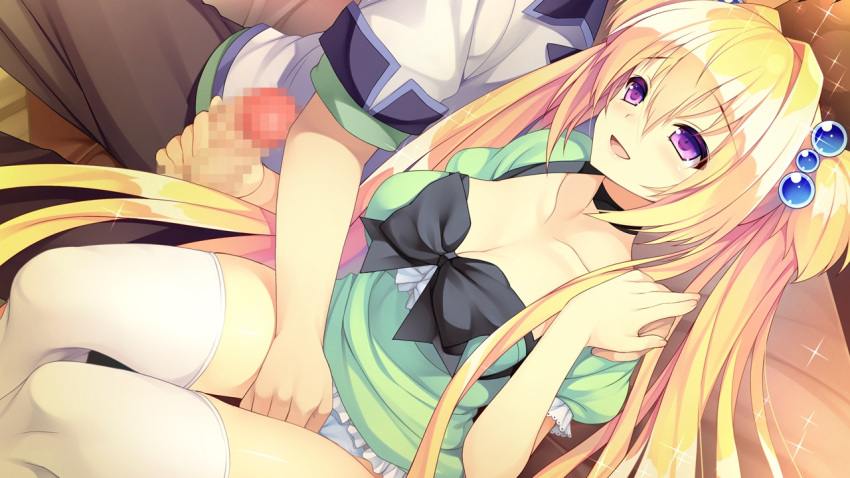 blonde_hair blush breasts censored choker cleavage female game_cg koi_saku_miyako_ni_ai_no_yakusoku_wo_~annaffiare~ long_hair natsume_eri panties penis purple_eyes thighhighs tied_hair tsuji_kokoro twintails underwear white_legwear