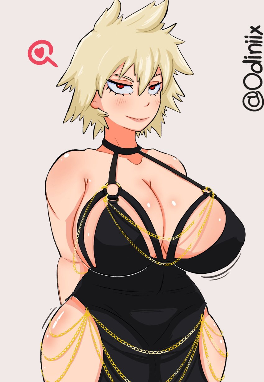 1girls big_breasts black_dress blonde_hair blush breasts cleavage clothing dress female female_only hair heart hips huge_breasts lips mature mature_female mature_woman milf mitsuki_bakugou modakawa_dress mother motion_lines my_hero_academia odiniix red_eyes smile solo solo_female spoken_heart