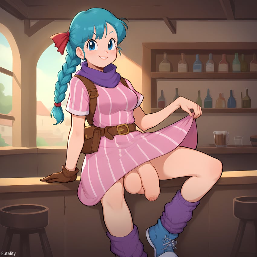 ai_generated bulma_(dragon_ball) cute dickgirl dominant dominant_female dominant_futanari dragon_ball dress female flaccid flashing flashing_penis foreskin futality futanari hair_ornament half_dressed hyper_penis indoors large_balls large_cock large_penis large_testicles lifting_own_clothes looking_at_viewer ponytail sitting skirt_lift small_breasts smirk smug solo tavern