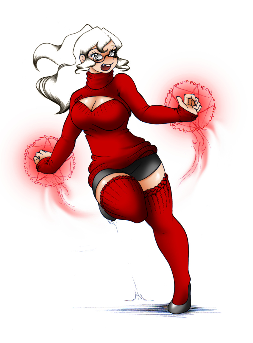 ballerina_shoes cheerful full_body galejro glasses grey_eyes hania(galejro) happy keyhole keyhole_turtleneck kneesocks long_hair mage magician red_clothing red_dress running smile smiling sports_panties sports_shorts sweater tights turtleneck vampire vampire_girl warlock white_hair wizard