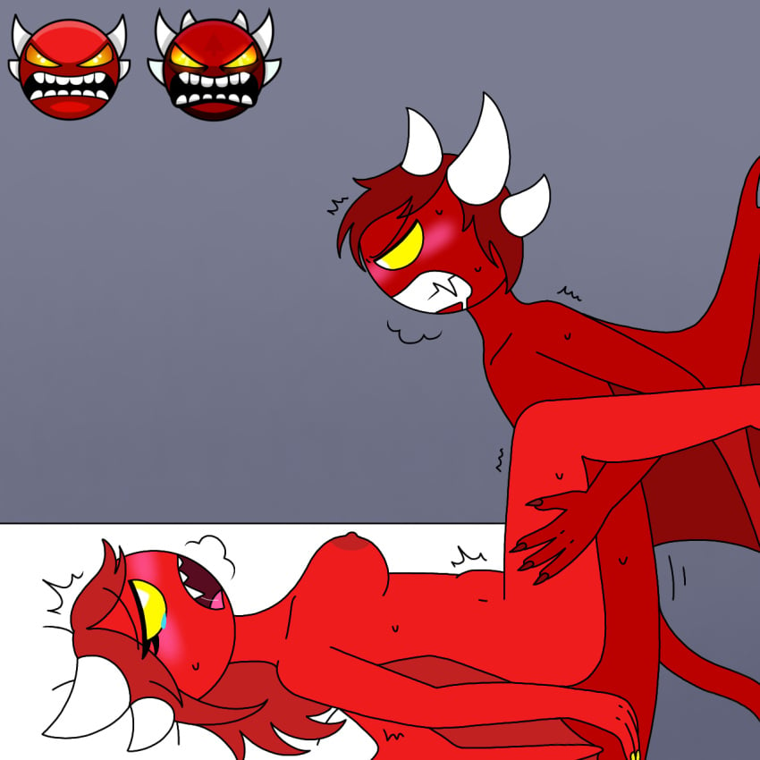 ahegao_face demon extreme_demon female geometry_dash gray_background horns insane_demon red_hair red_skin sex steam sweat tears yellow_eyes