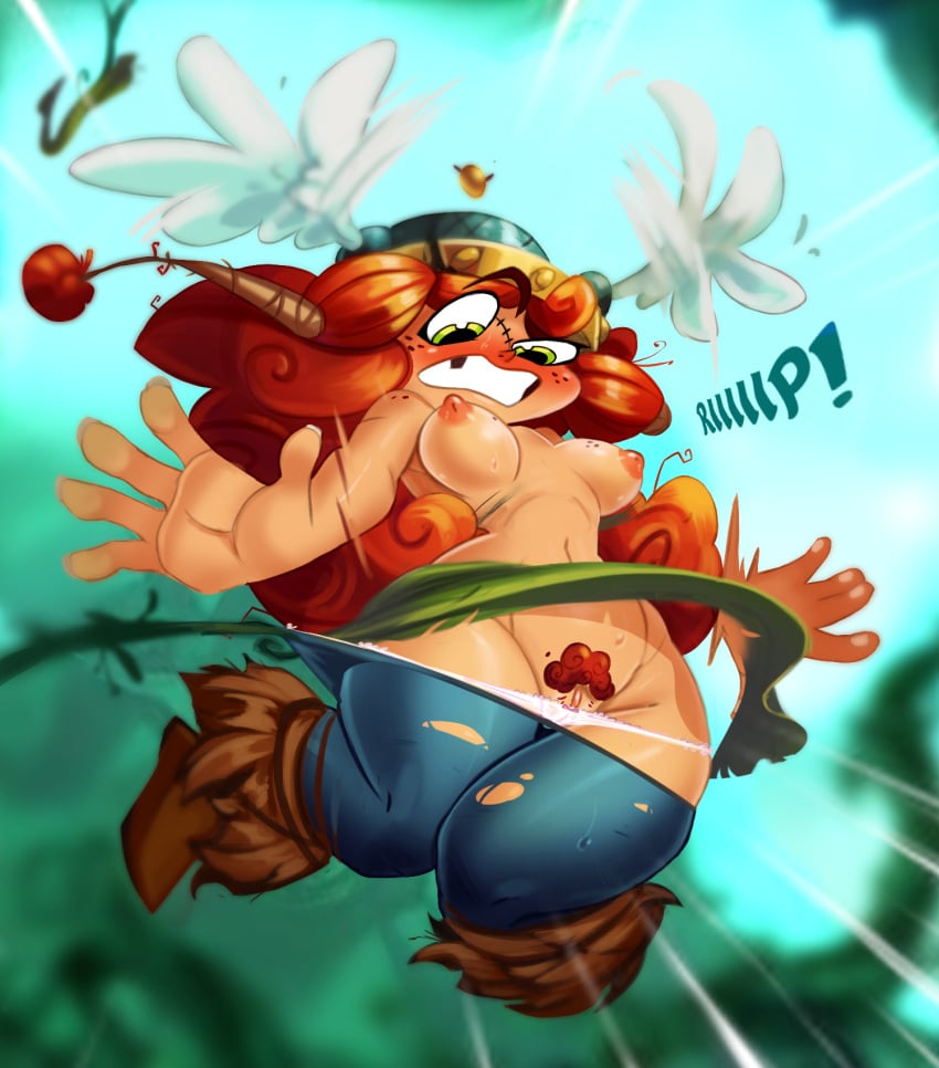 1girls barbara_(rayman) barbarian big_ass blush breasts brown_eyes curly_hair female female_only forest freckles goooop hair helmet long_hair missing_tooth nipples nude pubic_hair pussy rayman_(series) rayman_legends red_hair scar solo_female tagme ubisoft