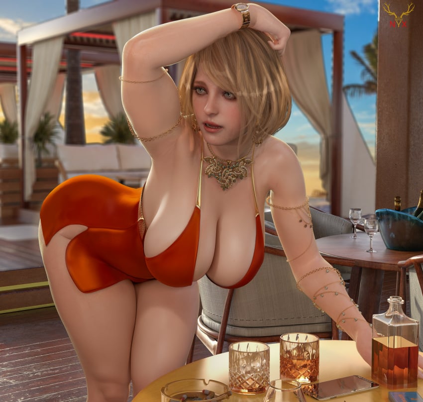 1girls 3d alcohol armpit_fetish armpits arms_up ashley_graham ashley_graham_(ella_freya) big_breasts biohazard black_panties black_thong black_thong_panties black_underwear blonde_female blonde_hair blue_eyes capcom cleavage clothing curvaceous curvy curvy_body curvy_female curvy_figure dress drunk female female_only hanging_breasts huge_breasts image indoors lace legs light-skinned_female light_skin lingerie lingerie_only mature_female milf minidress necklace night nyx34x open_clothing panties resident_evil resident_evil_4 resident_evil_4_remake rope shirt soft_breasts solo solo_female solo_focus sunrise thick_thighs thighs thong thong_panties thong_underwear underwear voluptuous white_shirt