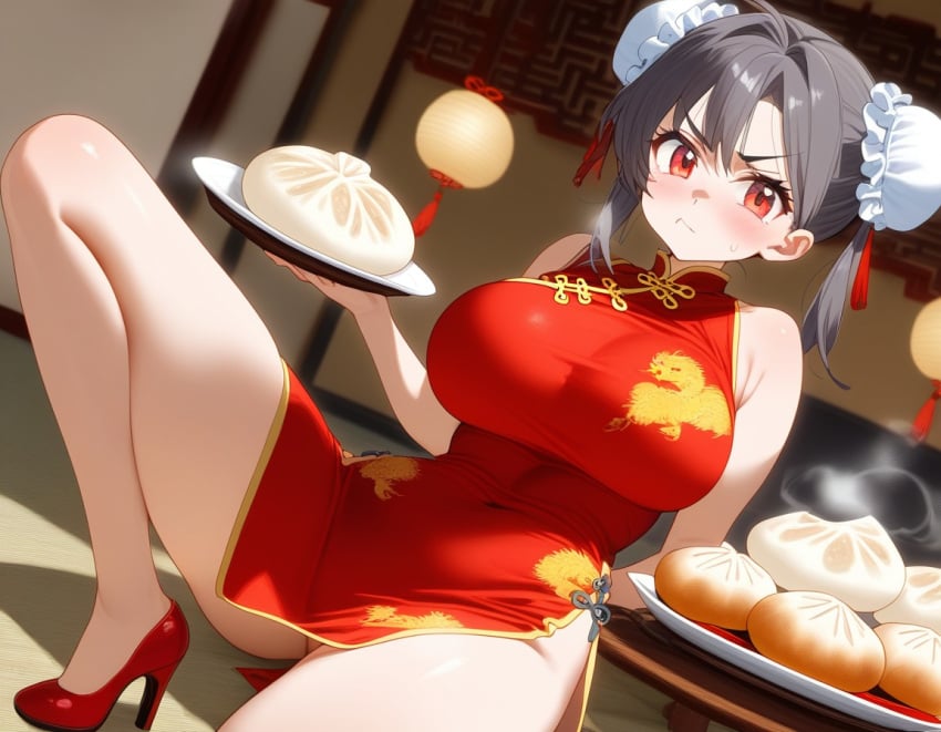 1girls ai_generated annoyed annoyed_expression baozi big_breasts black_pupils blossomtea blush blush_lines breasts breasts_bulge breasts_visible_through_clothing bun_cover busty buxom cheongsam china_dress chinese chinese_clothes chinese_dress chinese_female chinese_food dot_nose double_bun dragon dragon_print eyebrows eyebrows_visible_through_hair eyelashes eyelashes_visible_through_hair feet_out_of_frame food grey_eyebrows grey_hair hair_bun_covers hair_buns hair_ornament heels high_heels kivotosxl_(model) light_blush looking_at_viewer maha_no_hanashi masa_works_design navel navel_visible_through_clothes ox_horns plate pupils qipao red_eyes red_heels red_high_heels self_upload seryl_claude_les-elizabeth shiny shiny_hair shiny_skin solo steam sweatdrop tsurime twin_buns voluptuous yodayo