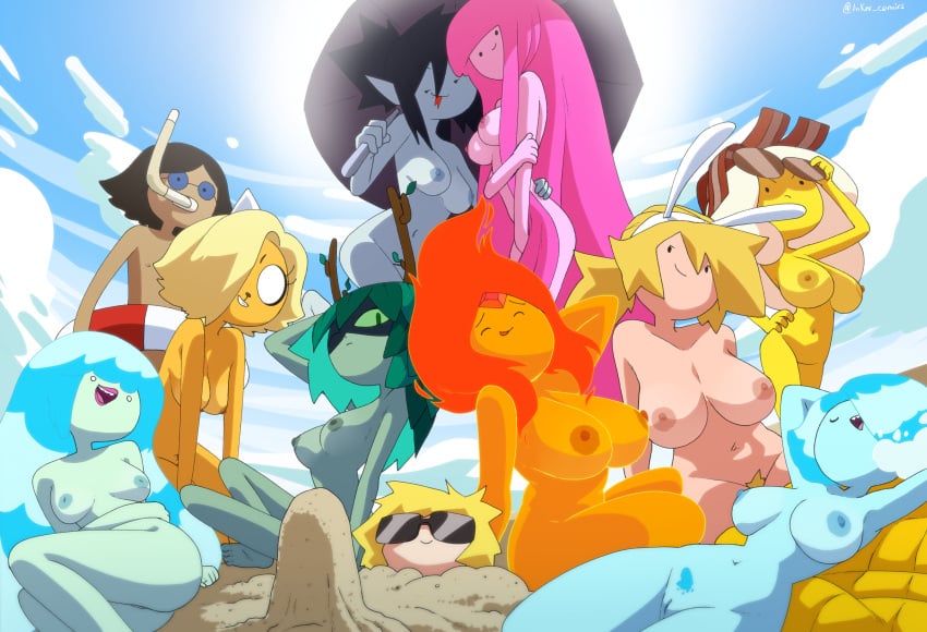 1boy 2girls 6+girls 9girls accurate_art_style adventure_time animal_ears areolae ass bacon beach black_hair blonde_hair blonde_pubic_hair blue_hair blue_skin blue_sky breakfast_princess breasts breasts_apart bronwyn bunny_ears cartoon_network colored_skin completely_nude completely_nude_female coolerinker day denise_(adventure_time) domino_mask erect_nipples erection erection_under_clothes erection_under_sand eyes_closed female female_pubic_hair finn_the_human fionna_the_human_girl fire flame_princess floatie floating green_skin grey_body group hetero huge_breasts human huntress_wizard inker_comics inkershike large_breasts long_hair lying marceline marceline_abadeer medium_breasts monster_girl multiple_boys multiple_girls navel nipples nude nude_female outdoors pink_body pink_hair pink_skin posing princess_bonnibel_bubblegum princess_bubblegum pubic_hair sand sand_castle sand_sculpture short_hair simon_petrikov sitting smile sun sunglasses thighs umbrella vagina vampire very_long_hair water_hair water_nymph yellow_body