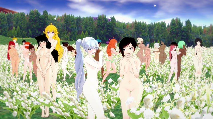 black_hair blake_belladonna blonde_hair cinder_fall embarrassed_nude_female emerald_sustrai flowers lavender_eyes masterxcharon may_marigold neo_(rwby) nora_valkyrie orange_hair outdoors penny_polendina pyrrha_nikos red_eyes robyn_hill ruby_rose rwby silver_hair weiss_schnee yang_xiao_long