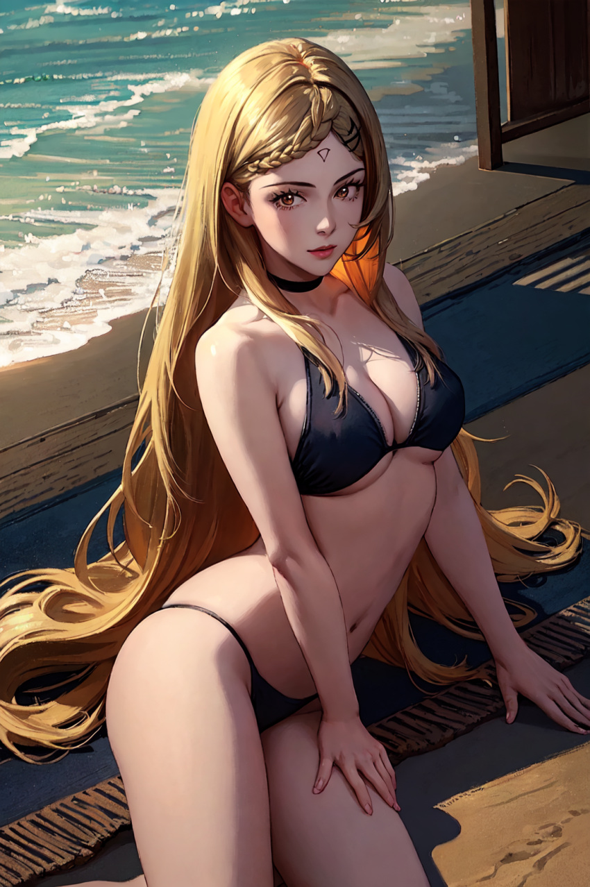 ai_generated beach bikini black_bikini breasts curvy_figure drag-on_dragoon_3 drakengard_3 female female_only five_(drakengard) long_hair looking_at_viewer thighs