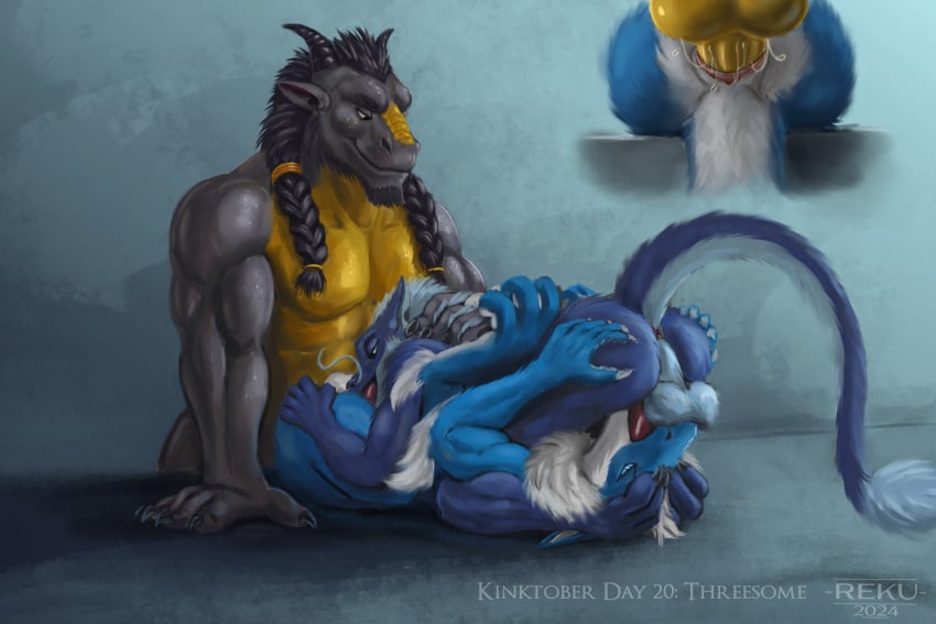 69_position anal anal_sex anal_tugging anthro anthro_on_anthro anus ass balls balls_deep big_balls big_penis black_body blue_body close-up digital_media_(artwork) digitigrade dragon eastern_dragon erection feet fellatio fingers fur genitals group group_nudity group_sex hi_res limo_the_dragon male male/male male_penetrated male_penetrating male_penetrating_anthro male_penetrating_male multicolored_body mythological_creature mythological_scalie mythology nude oral oral_penetration penetration penile penis raised_tail reku_illustration scalie sex simple_background size_difference tail tail_tuft thick_penis trio trio_focus tuft two_tone_body yellow_body