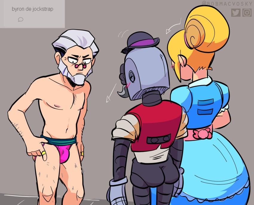 ass barley_(brawl_stars) blush brawl_stars bulge byron_(brawl_stars) dilf hairy_arms hairy_chest hairy_legs jockstrap mature_male observing old_man piper_(brawl_stars) underwear_only white_hair