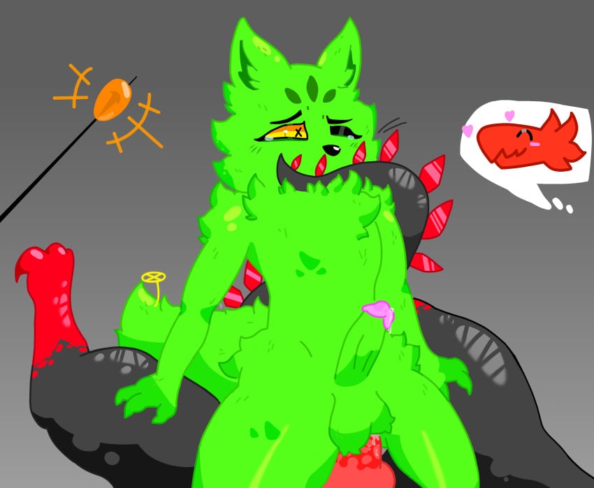 absurd_res animal_genitalia anthro black_body blush bodily_fluids chest_fur cross-shaped_pupils cross_pupils dark_green_markings darkoh domestic_cat duo eyelashes felid feline felis fluffy_balls fur genitals green_body green_fur green_markings green_penis grey_background hearts hi_res humanoid_genitalia image_in_thought_bubble lizard lizard_(rain_world) male male/male male_penetrating_male mammal mouthless one_eye_closed precum questionable_consent rain_world red_body red_lizard_(rain_world) red_penis reptile saint_(rain_world) scales scalie simple_background slugcat tail_frill tail_on_face tail_wrapped tears text_bubble videocult yellow_eyes yellow_sclera