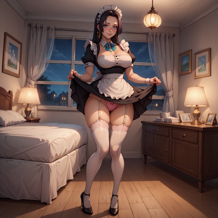 ai_generated bed bedroom black_heels blush boa_hancock breasts collar curvy earrings female female_only garter_straps heels highres hourglass_figure housemaid knees_together_feet_apart large_breasts legwear looking_at_viewer maid maid_uniform on_floor one_piece panties pink_panties qwertart short_sleeves skirt_lift smile standing stockings straps tagme thick_thighs white_stockings wide_hips