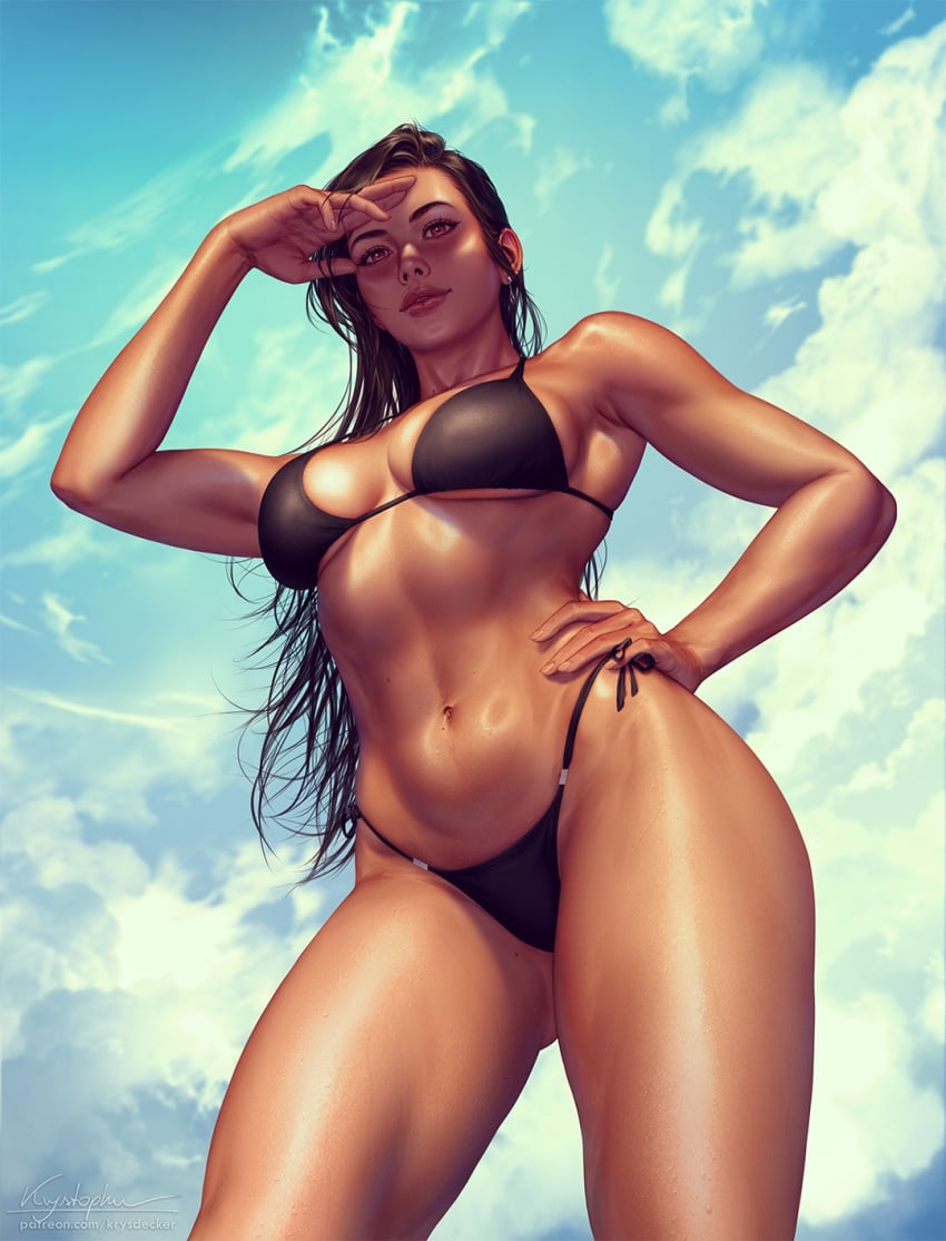 big_breasts bikini black_bikini black_hair breasts child_bearing_hips earrings femafemale female_focus female_only final_fantasy_vii_remake fit fit_female krysdecker light-skinned_female light_skin sunlight sunny thick thick_thighs tifa_lockhart wet wide_hips