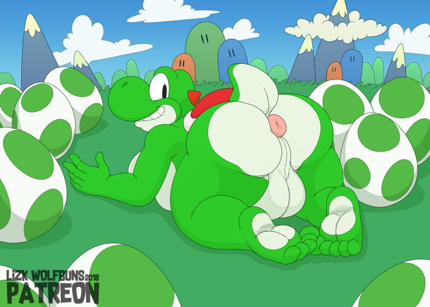 5_toes anus ass balls big_ass feet green_yoshi happy looking_back mario_(series) nintendo posing puffy_anus solo_male tease thick_thighs wolfbuns yoshi