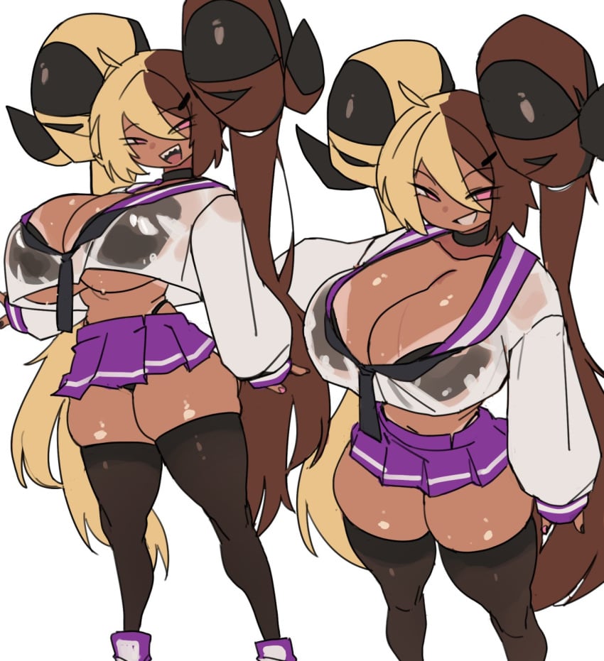 1girls aife_(zanamaoria) big_breasts big_horns blonde_hair bra_visible_through_clothes brown_hair choker curved_horns dark-skinned_female dark_skin female female_only flat_colors gyaru hair_on_horn hi_res horns long_hair looking_at_viewer miniskirt narrowed_eyes original original_character pink_eyes smiling smiling_at_viewer smirk solo stockings succubus tanline thick_thighs transparent_clothing two_tone_hair white_background zanamaoria