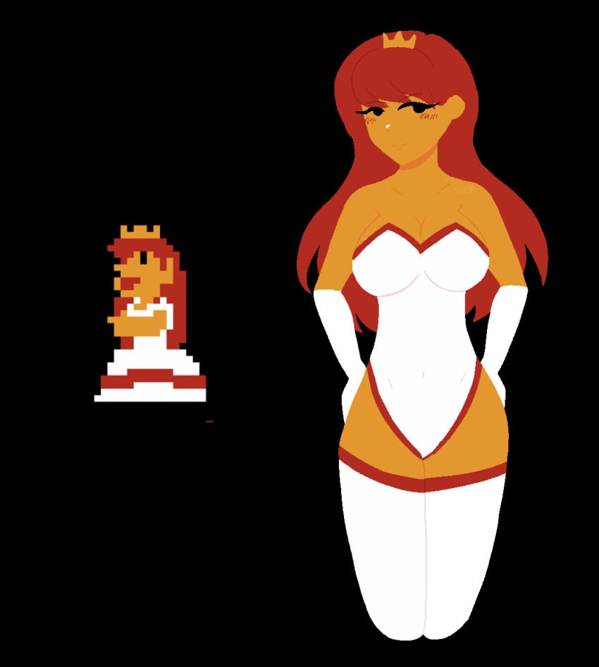 1girls 43soop 8-bit big_breasts big_thighs fully_clothed leotard lingerie mario_(series) nes princess_peach princess_peach_sprite_redraw_(meme) princess_toadstool red_hair super_mario_bros._(nes) thighhighs yellow_eyes