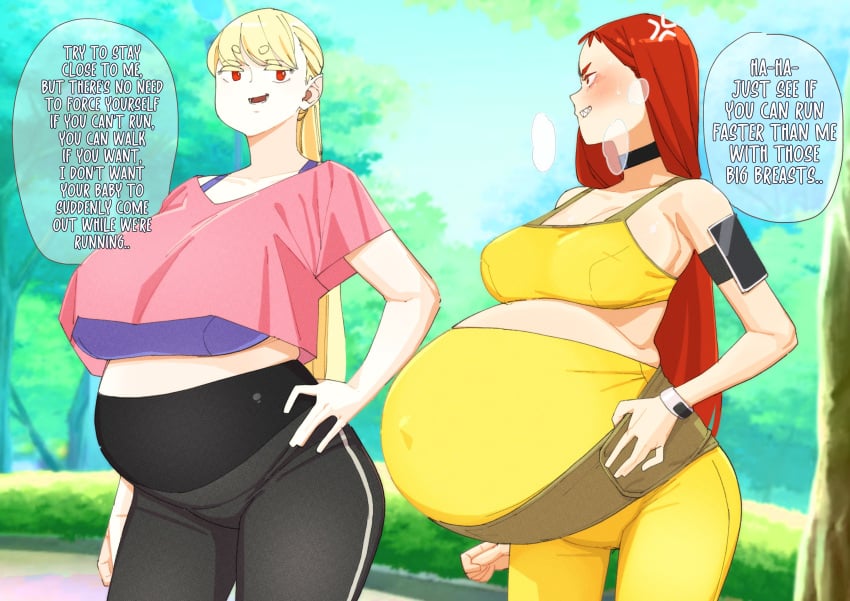 2girls angry belly big_belly female gigantic_breasts kyattorosu mad pregnant sports_bra