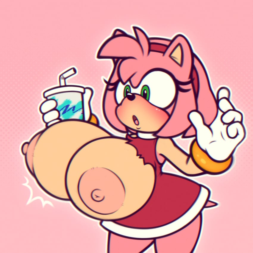 1female amy_rose anthro areolae big_breasts bracelet breast_expansion complex_background dress drink gloves green_eyes pink_hair shocked shocked_expression sonic_(series) sonic_the_hedgehog_(series) suprised tits tits_out