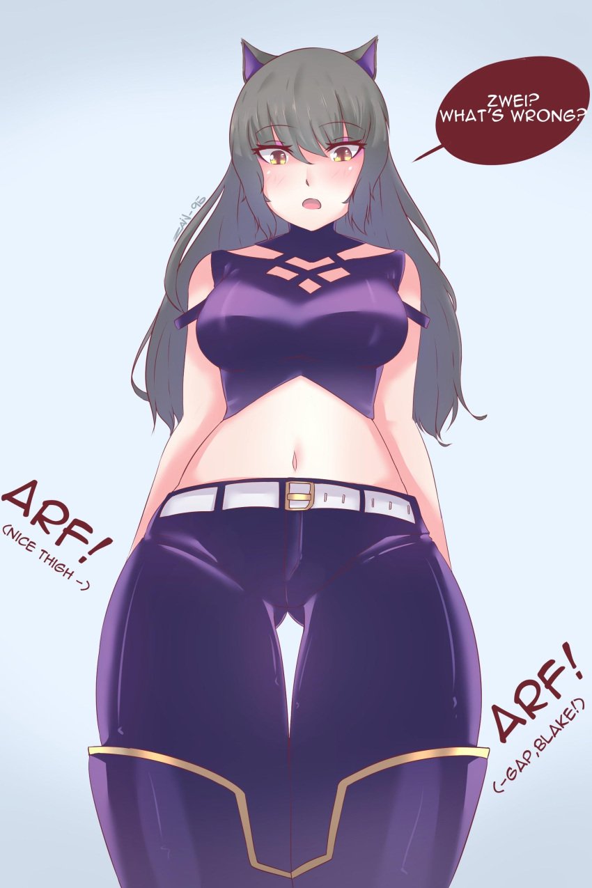 ambiguous_pov belt black_hair blake_belladonna cat_ears catgirl female long_hair male_(lore) male_pov midriff navel pov rwby text thigh_gap thighhighs thighs zwei