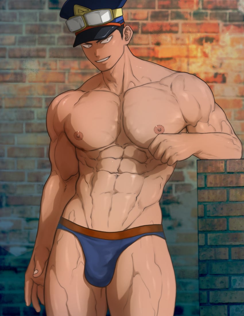 abs bara black_eyes boku_no_hero_academia buzz_cut hat hydaria inasa_yoarashi male_only my_hero_academia shiketsu_high_school_cap solo_male underwear