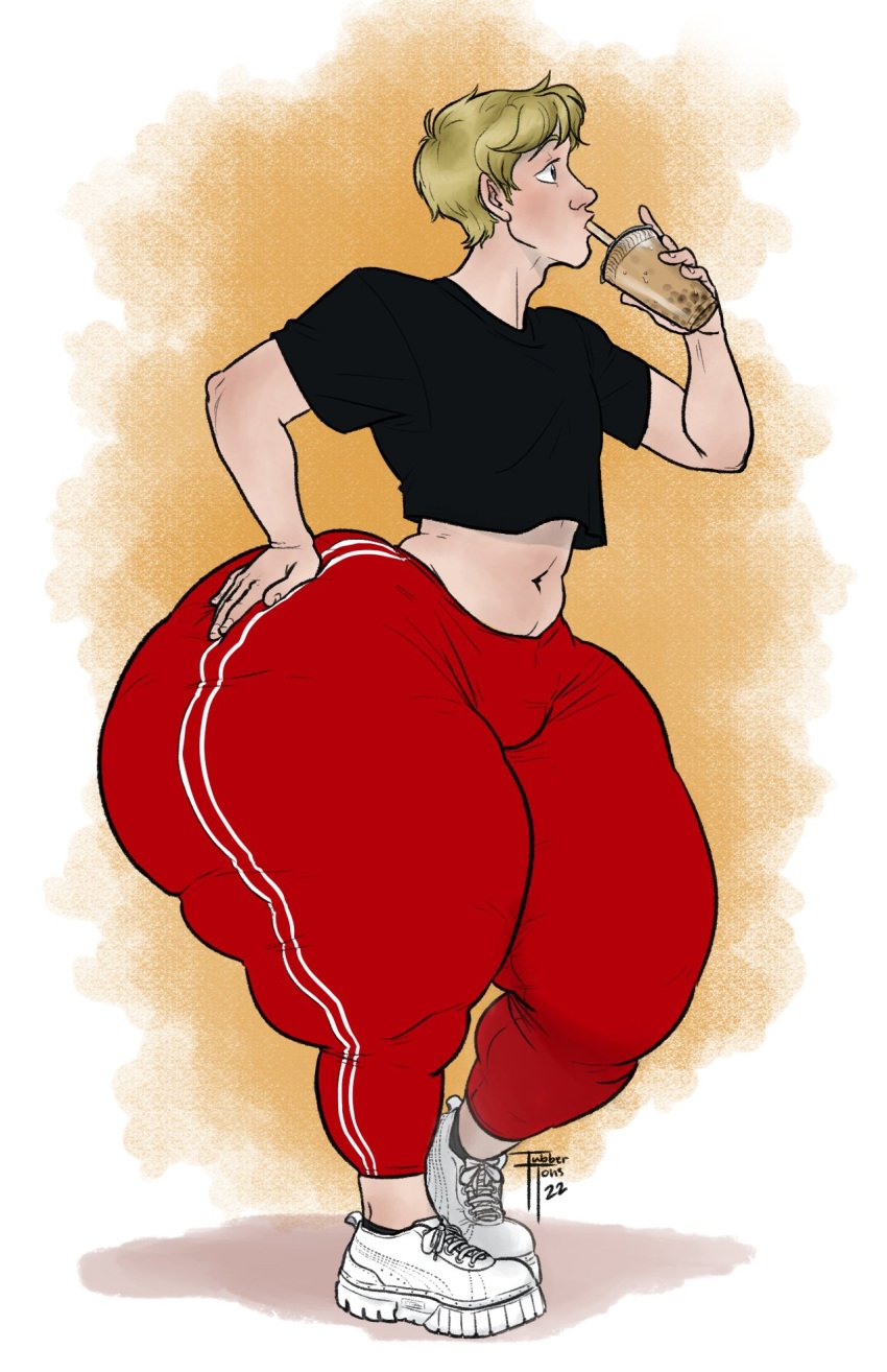 1boy black_shirt blonde_hair bottom_heavy commission dan_(yelomie) drinking fat_thighs full_body hand_on_own_ass huge_ass midriff original pants red_pants shirt shoes short_sleeves simple_background sneakers standing thick_thighs track_pants tubbertons wide_hips